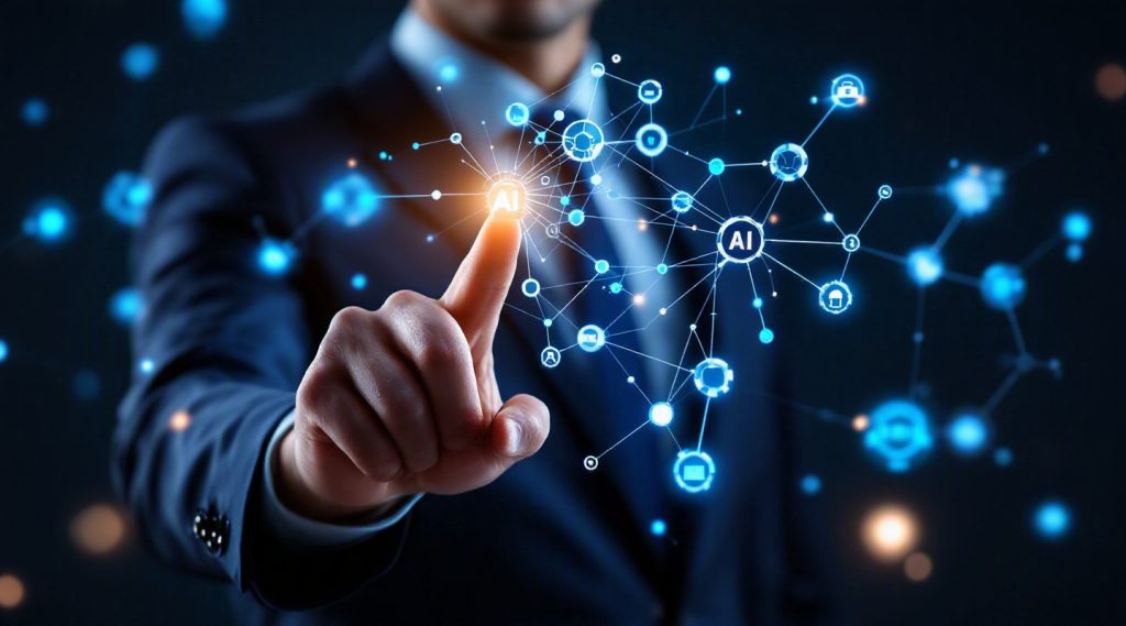 100 specialised AI assistants network concept illustration in Eva AI brand style