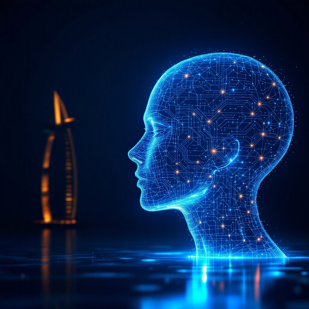 Burj Al Arab in Dubai alongside a stylized circuit-board head silhouette representing the 50 new Agentic AI companies coming to Dubai