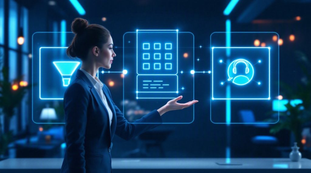 AI assistants for lead handling appointment booking support concept illustration in Eva AI brand style