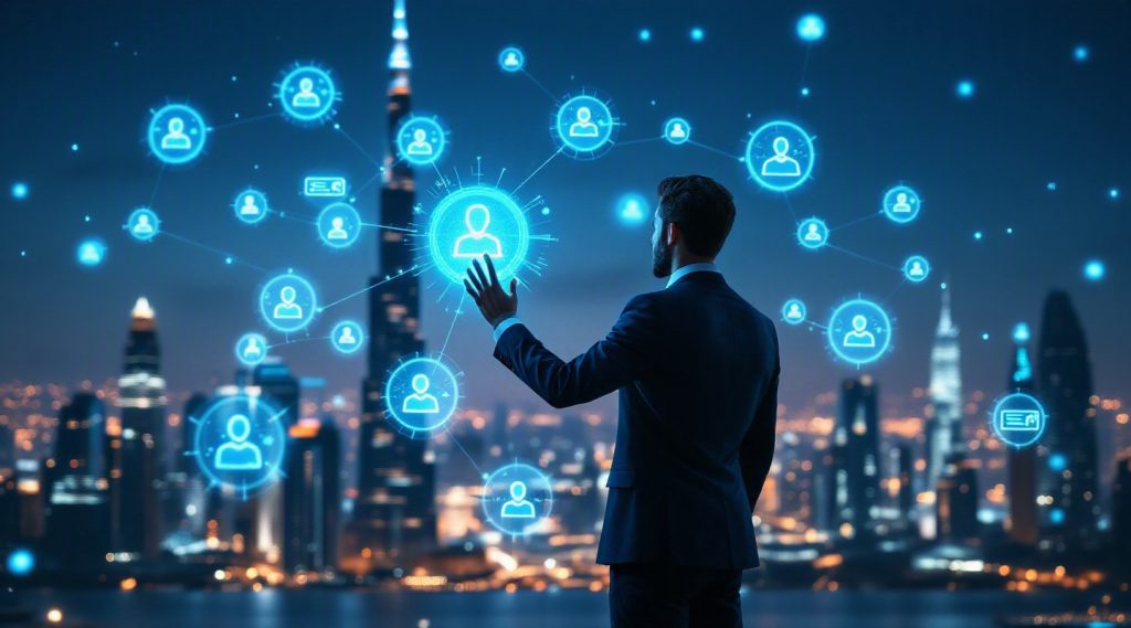 AI voice agents for ai voice agent dubai concept illustration in Eva AI brand style