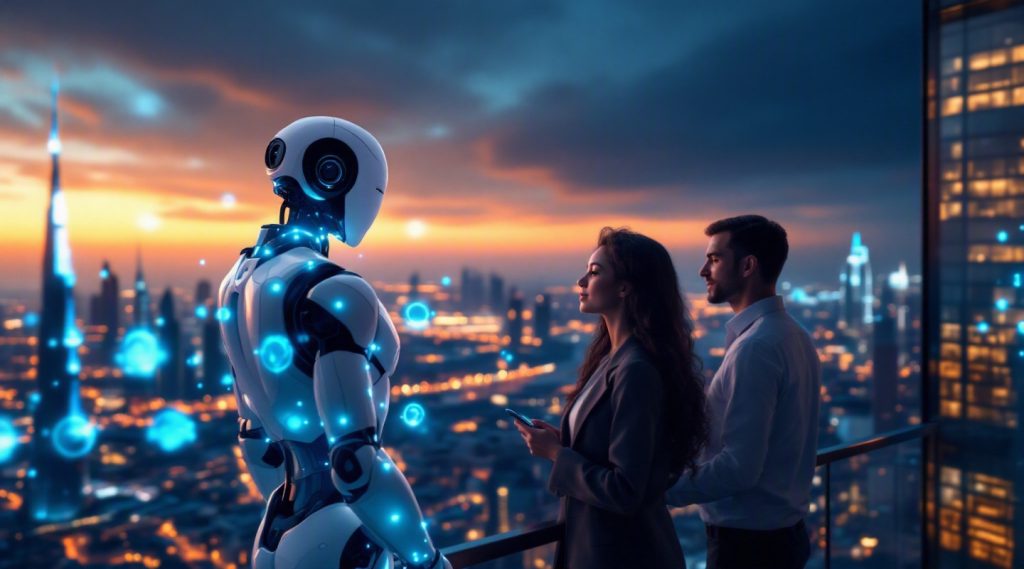 Dubai AI future and global talent concept illustration in Eva AI brand style
