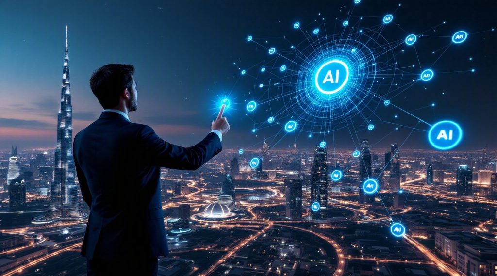 Dubai 50 agentic AI companies concept illustration in Eva AI brand style