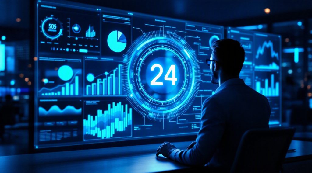 24/7 AI assistants for business growth concept illustration in Eva AI brand style