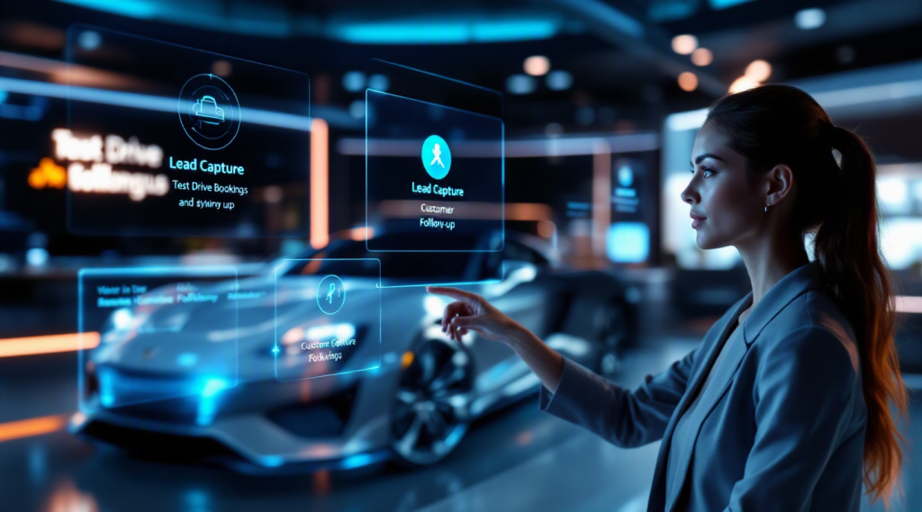 AI voice agent for car dealership Dubai concept illustration in Eva AI brand style