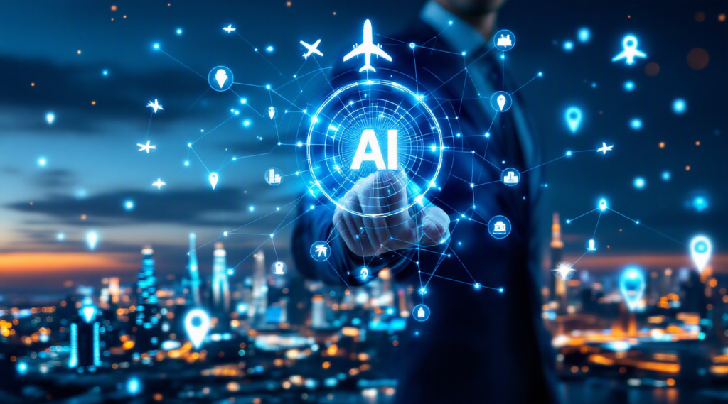 AI booking assistant for travel agency Dubai concept illustration in Eva AI brand style