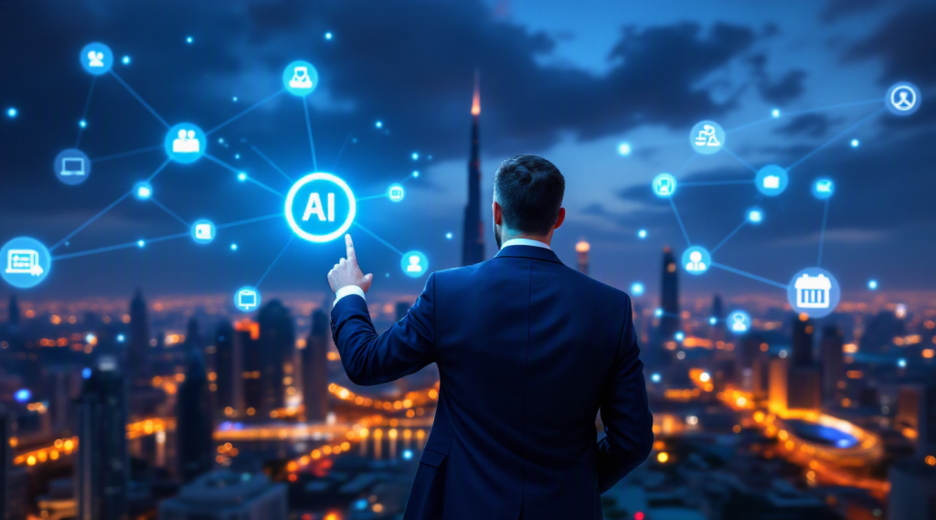 AI voice agent for law firms in Dubai concept illustration in Eva AI brand style