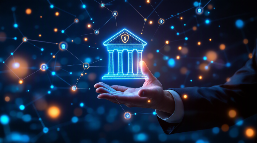 AI voice agent for financial services concept illustration in Eva AI brand style