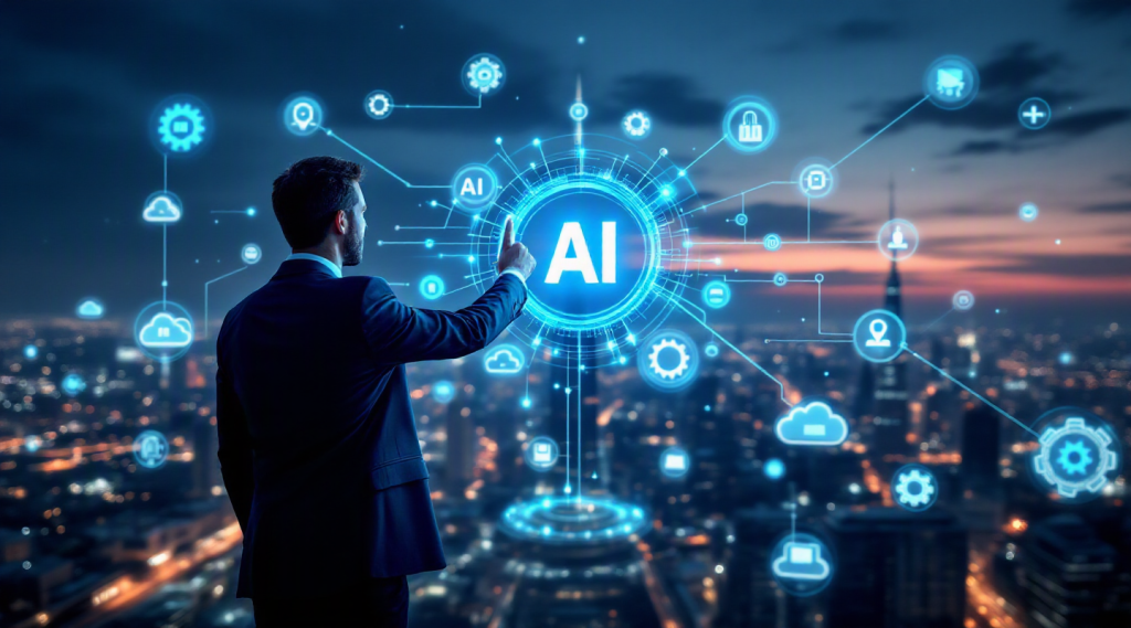 AI digital transformation services UAE concept illustration in Eva AI brand style