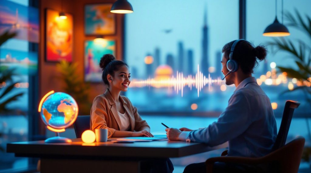 Agentic AI Dubai concept illustration in Eva AI brand style