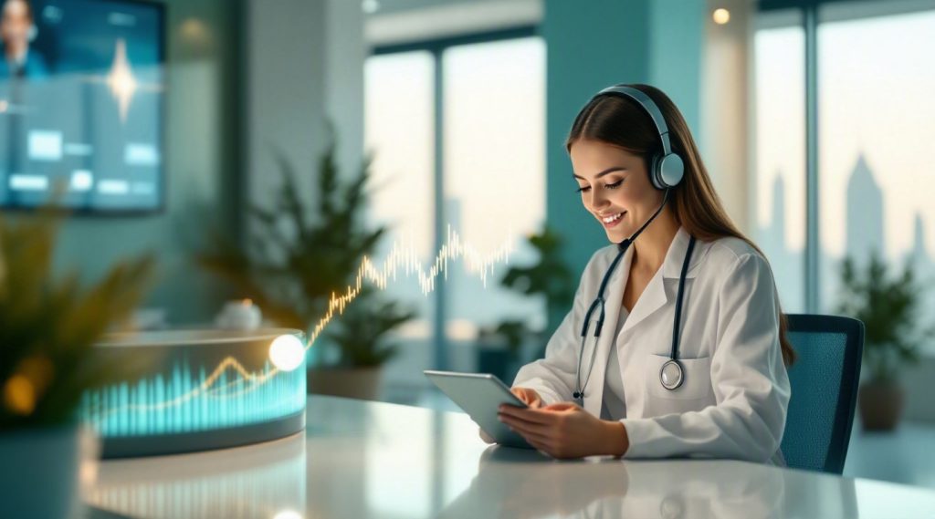Agentic AI for Healthcare concept illustration in Eva AI brand style