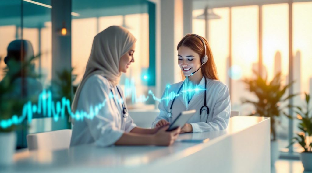 Agentic AI for Healthcare concept illustration in Eva AI brand style