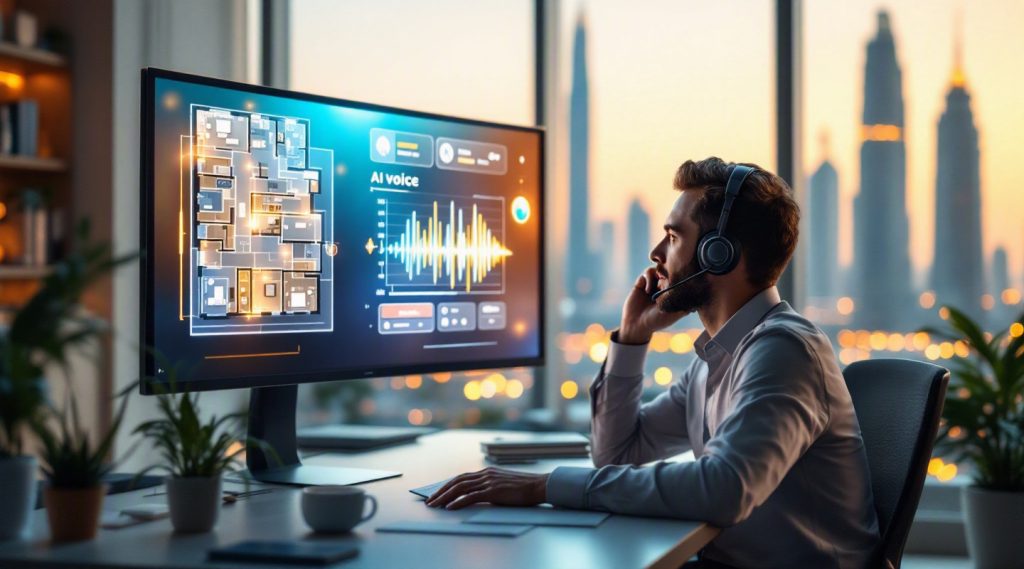 Agentic AI for property management Dubai concept illustration in Eva AI brand style