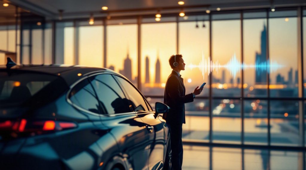 AI voice agent concept illustration in Eva AI brand style for car dealerships in Dubai