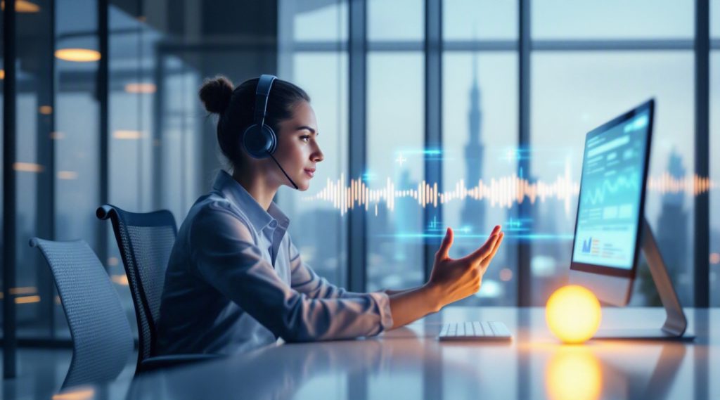 AI voice agents concept illustration in Eva AI brand style