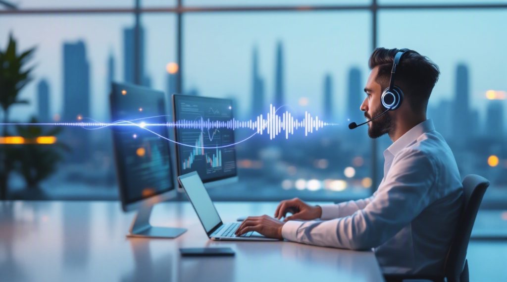 AI voice agents concept illustration in Eva AI brand style