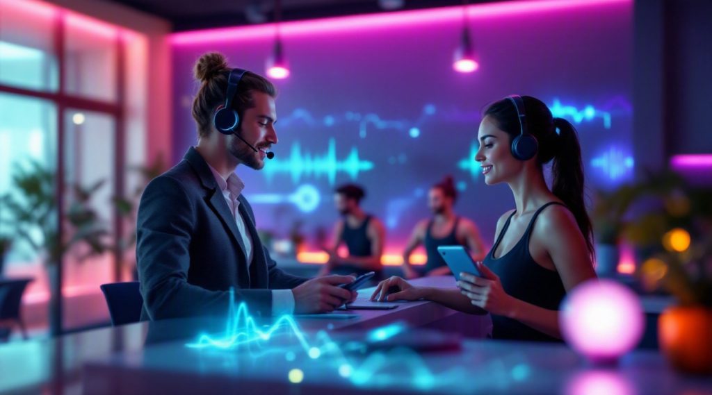 AI voice agents concept illustration in Eva AI brand style
