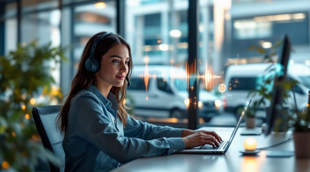 AI voice agents concept illustration in Eva AI brand style
