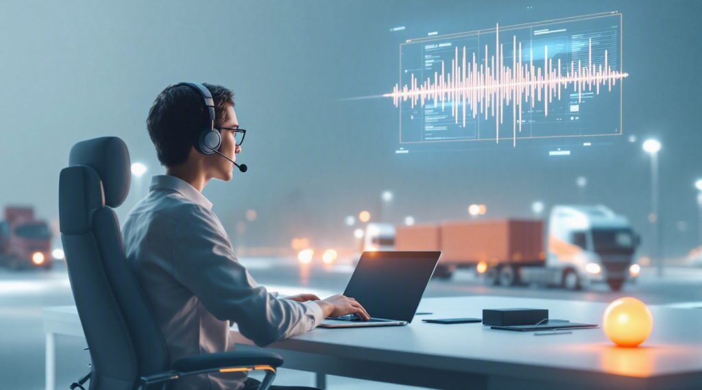 AI voice agents concept illustration in Eva AI brand style for logistics optimisation