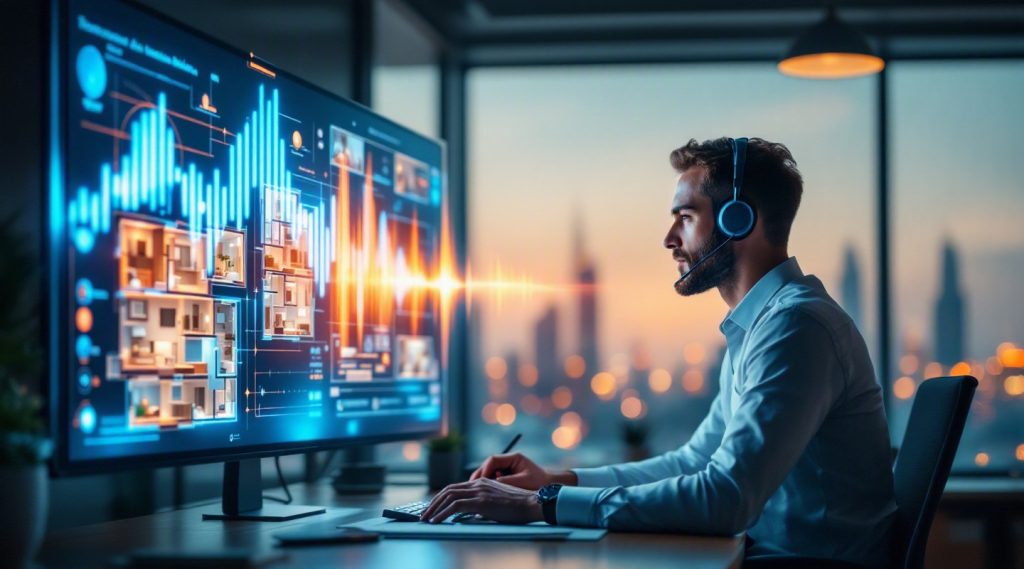 AI voice agent concept illustration in Eva AI brand style for property management workflows