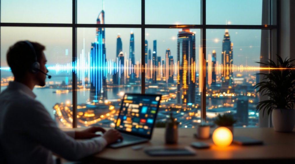 AI voice agent concept illustration in Eva AI brand style for real estate client interactions and lead nurturing in Dubai