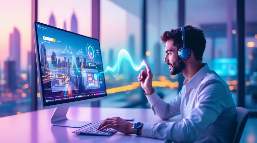 AI voice agent concept illustration in Eva AI brand style for real estate applications