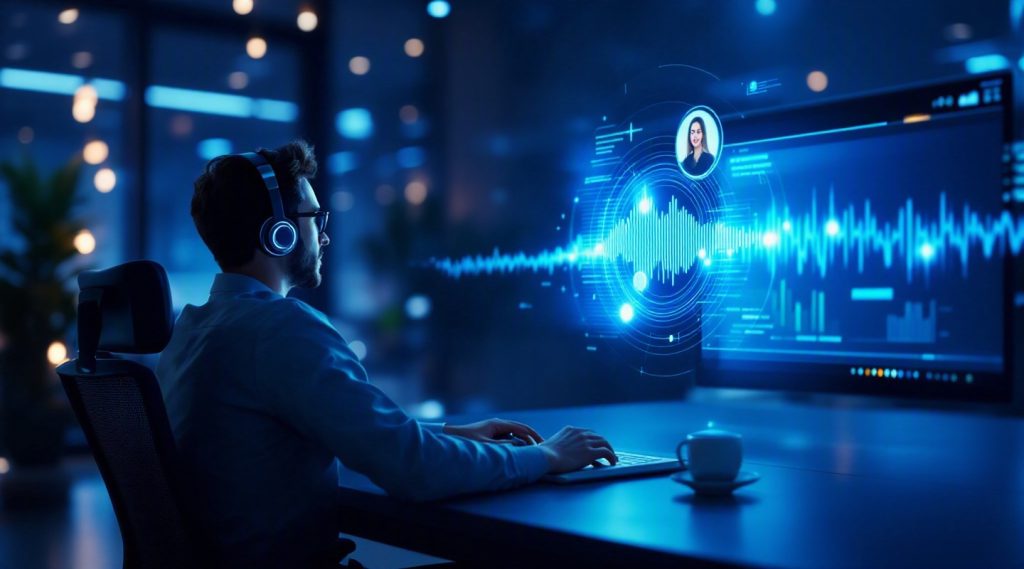 AI voice agents concept illustration in Eva AI brand style