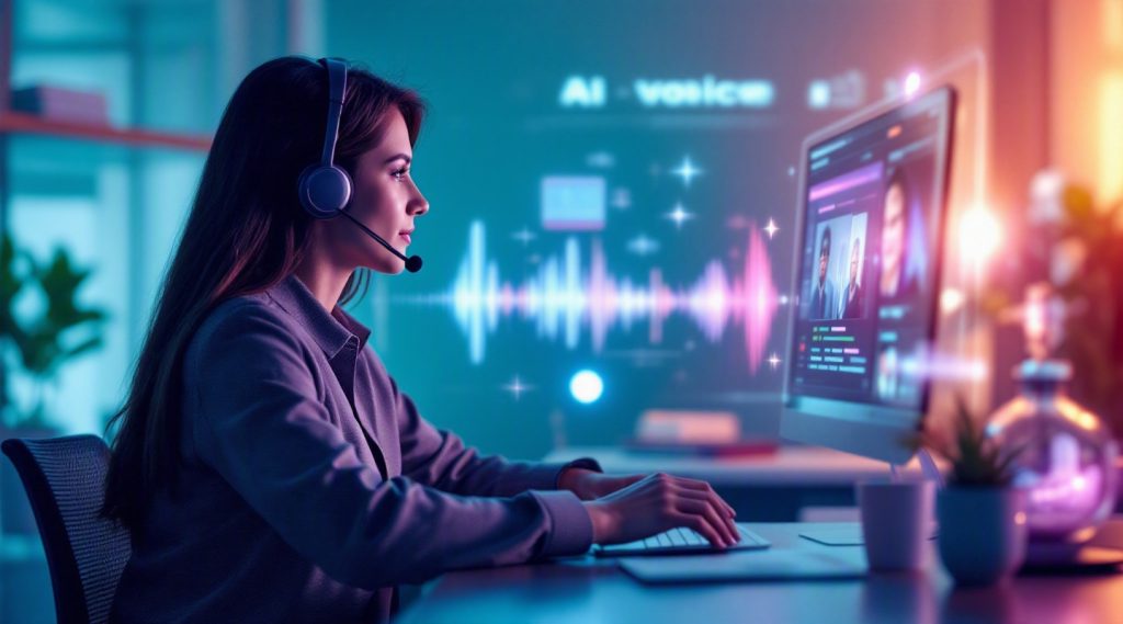 AI voice agents concept illustration in Eva AI brand style