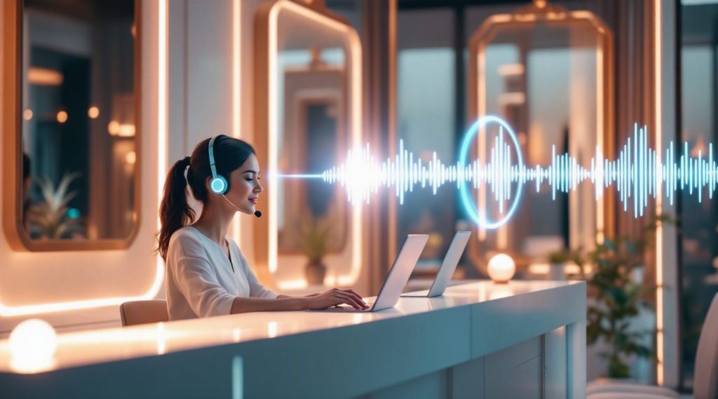 AI voice agents concept illustration in Eva AI brand style
