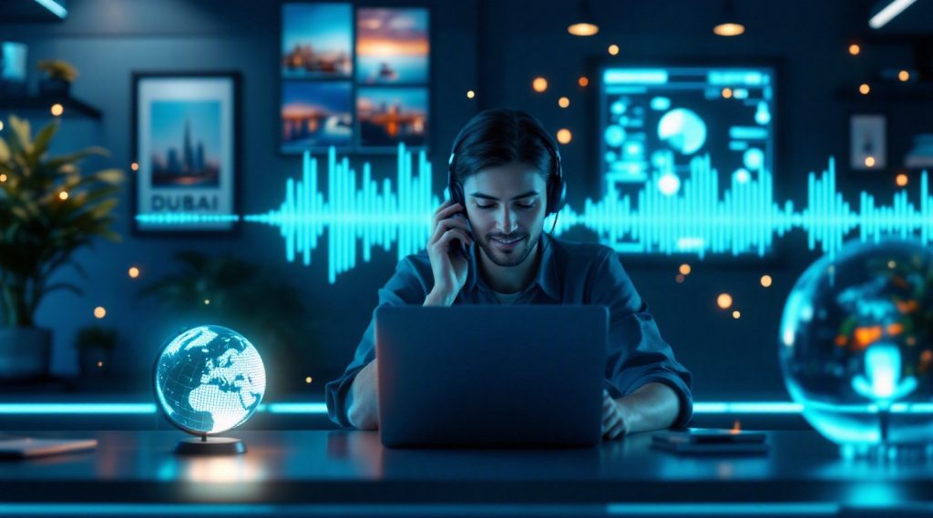 AI voice agent for travel agencies in Dubai — Eva AI brand illustration