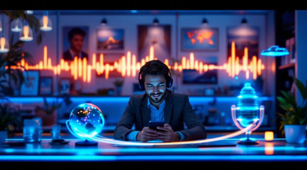 AI voice agents concept illustration in Eva AI brand style for travel agencies in Dubai