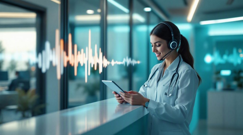 Agentic AI Company concept illustration in Eva AI brand style for clinics in Dubai