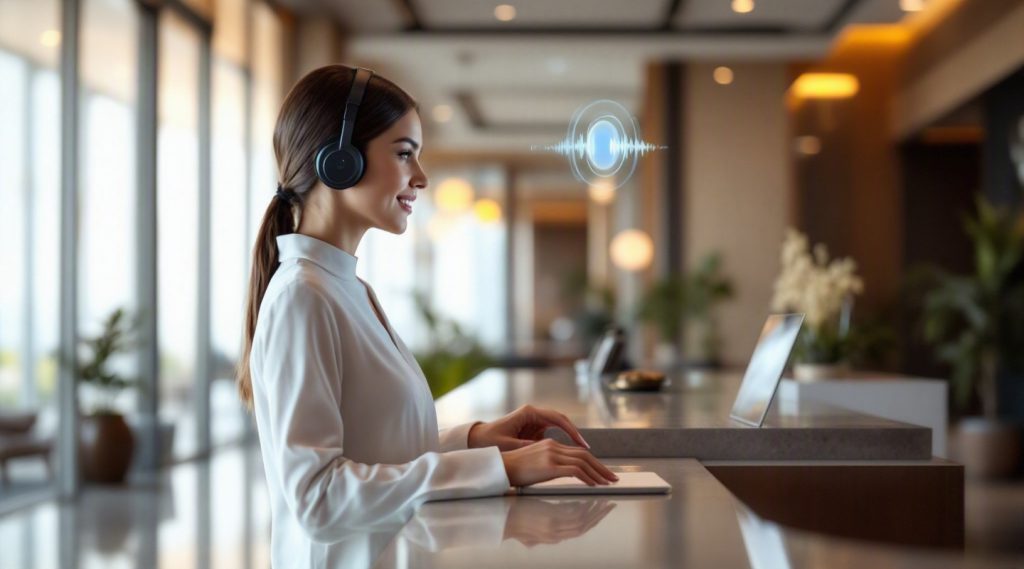 AI voice agents concept illustration in Eva AI brand style