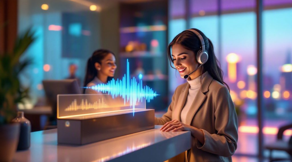 AI voice agents concept illustration in Eva AI brand style