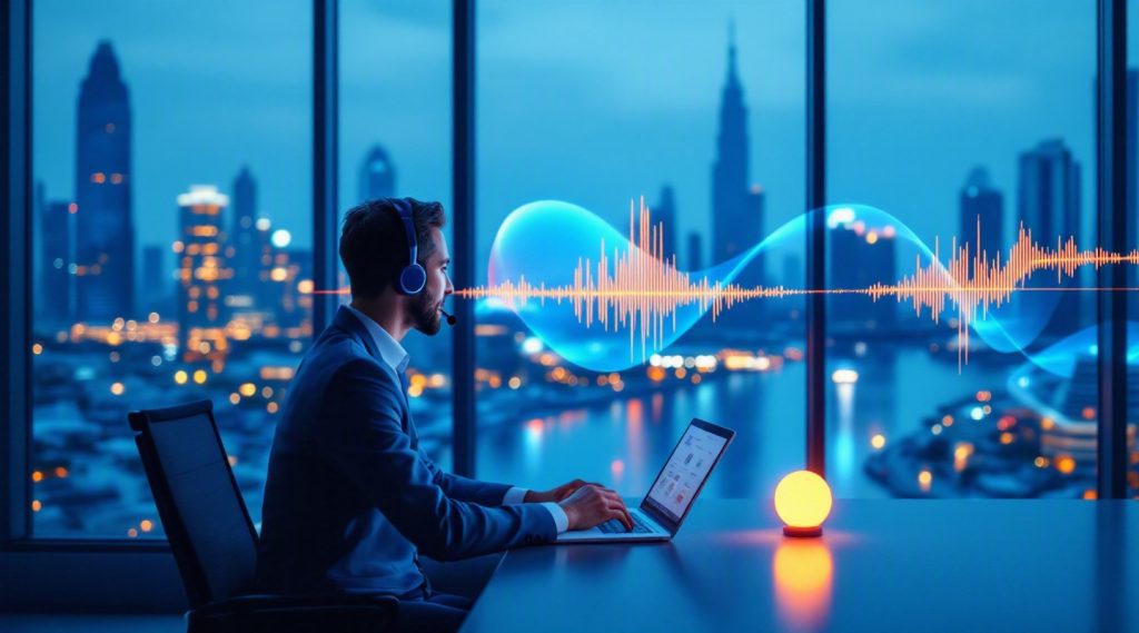 AI voice agent concept illustration in Eva AI brand style for real estate lead management in Dubai