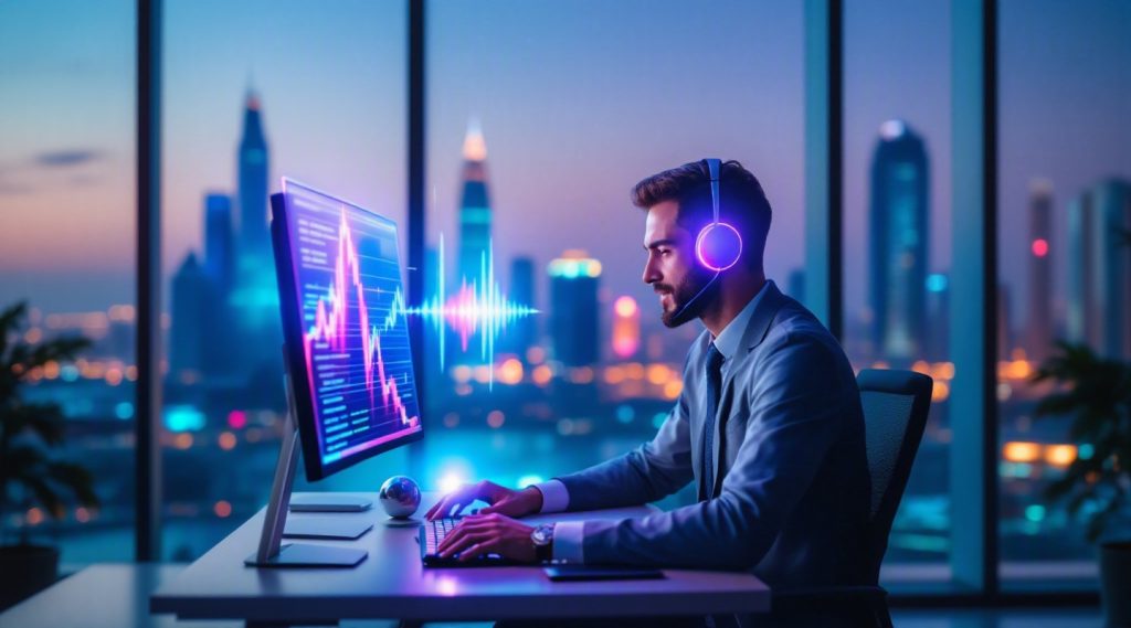 Agentic AI concept illustration in Eva AI brand style for UAE banking operations