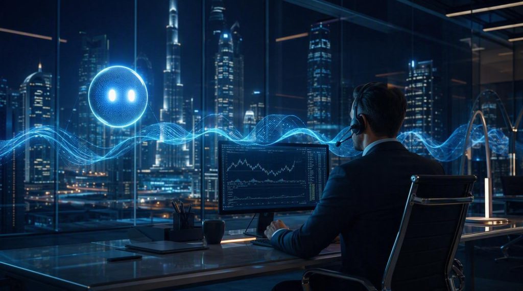 Agentic AI for banking UAE concept illustration in Eva AI brand style