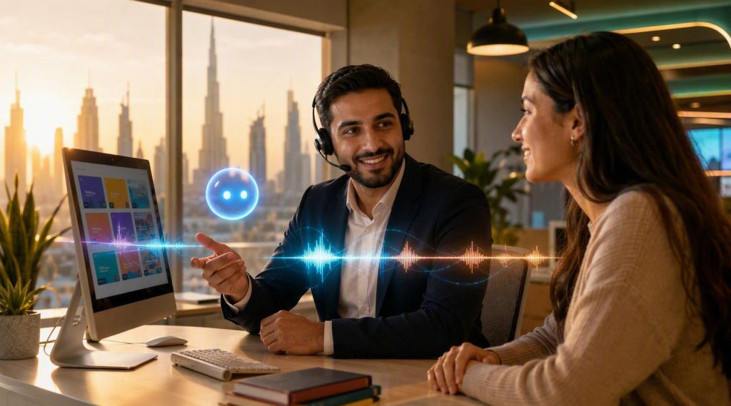 Agentic AI Dubai concept illustration in Eva AI brand style