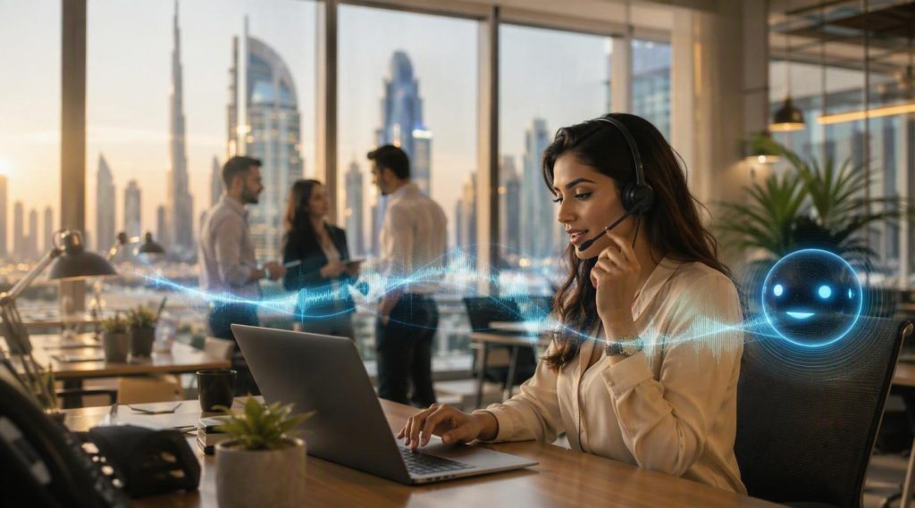 Agentic AI Dubai concept illustration in Eva AI brand style