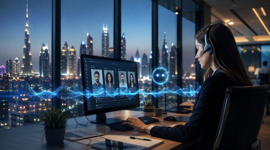 Agentic AI Dubai concept illustration in Eva AI brand style