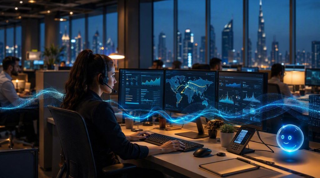 Agentic AI Dubai concept illustration in Eva AI brand style