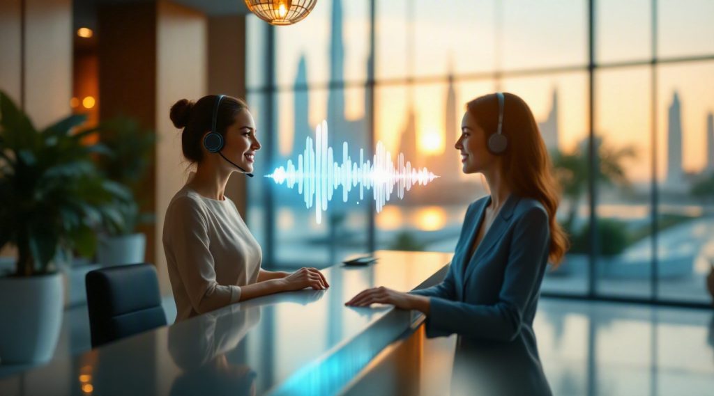 Agentic AI for hotels Dubai concept illustration in Eva AI brand style