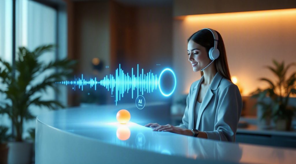 Agentic AI for hotels Dubai concept illustration in Eva AI brand style
