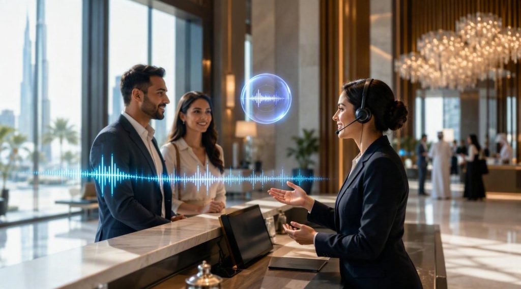 Agentic AI for Hotels Dubai concept illustration in Eva AI brand style