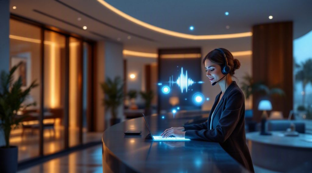 Agentic AI for hotels Dubai concept illustration in Eva AI brand style