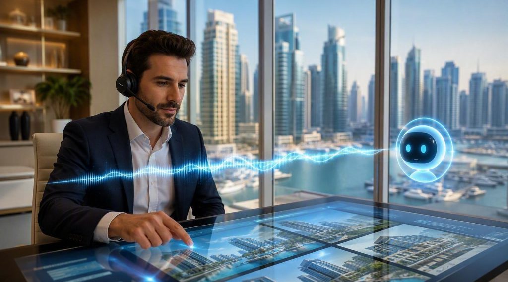 Agentic AI for real estate Dubai concept illustration in Eva AI brand style