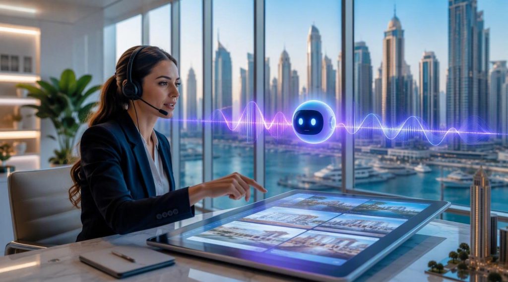 Agentic AI for real estate Dubai concept illustration in Eva AI brand style