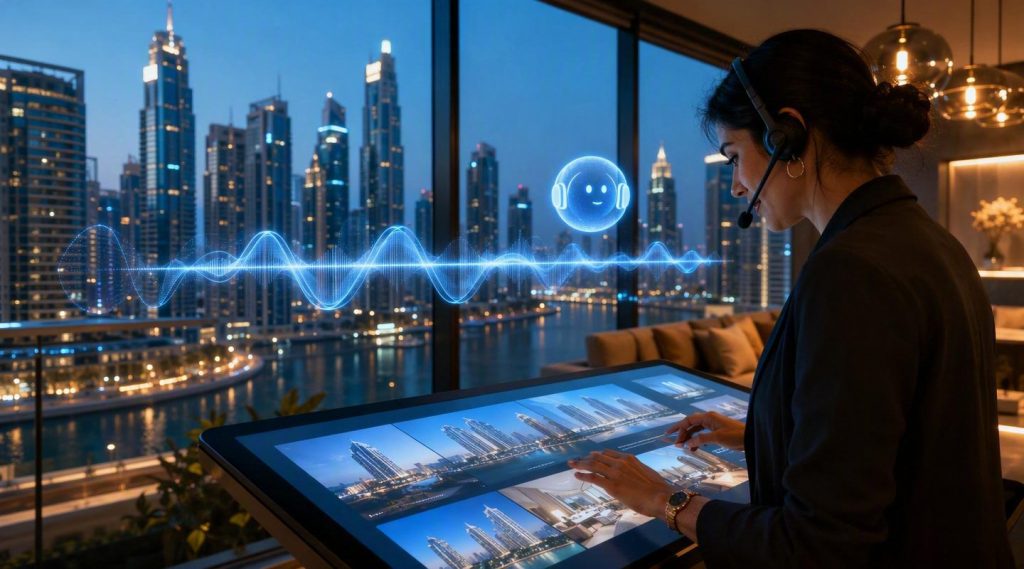 Agentic AI for Real Estate Dubai concept illustration in Eva AI brand style