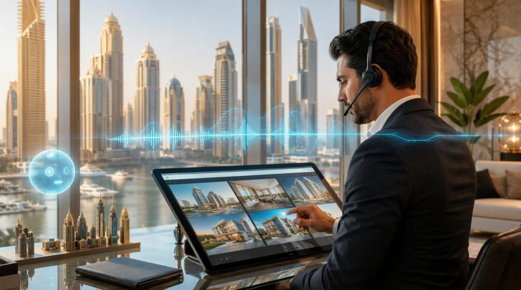 Agentic AI for real estate Dubai concept illustration in Eva AI brand style
