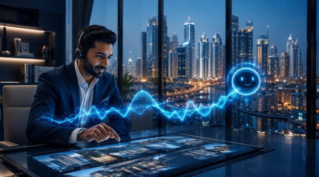 Agentic AI for Real Estate Dubai concept illustration in Eva AI brand style