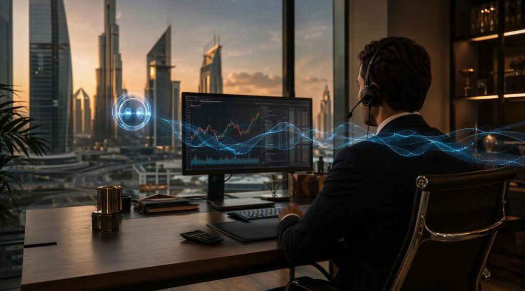 Agentic AI for Banking UAE concept illustration in Eva AI brand style